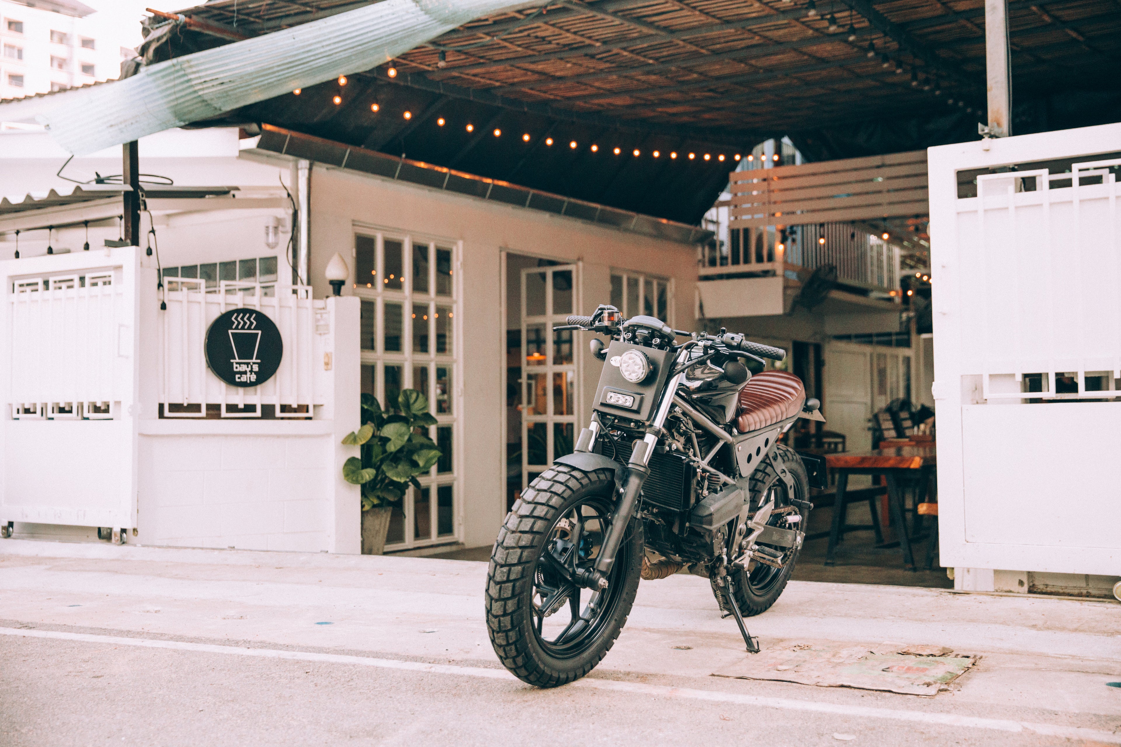 Motorcycle outside a building parked